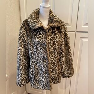 Liz Claiborne Faux Fur Leopard Print Button Down Long Sleeve Jacket Womens large